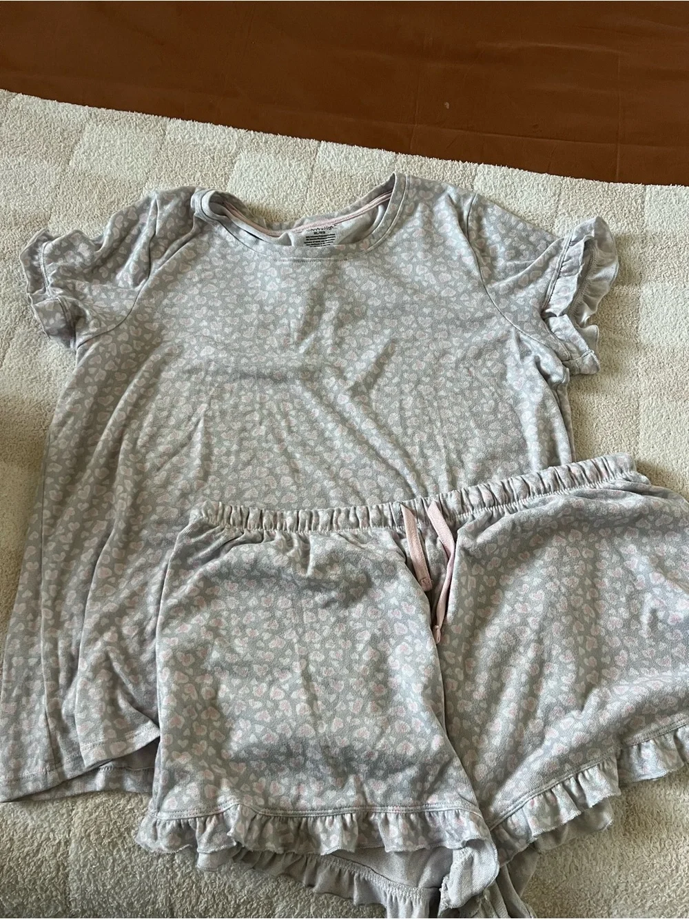 Rene Rofe Light Gray and Pink Heart Print Ruffle Pajama Set